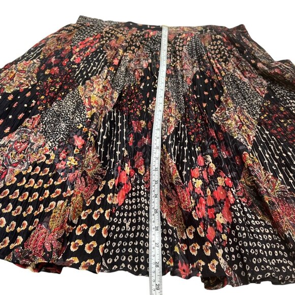 Vintage Boho Floral Patchwork Print Pleated Skirt Black Drawstring Hippie - Picture 7 of 7